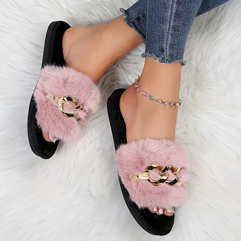 Women’s Faux Fur Slip-On Slides with Chain Link Detail and TPR Sole