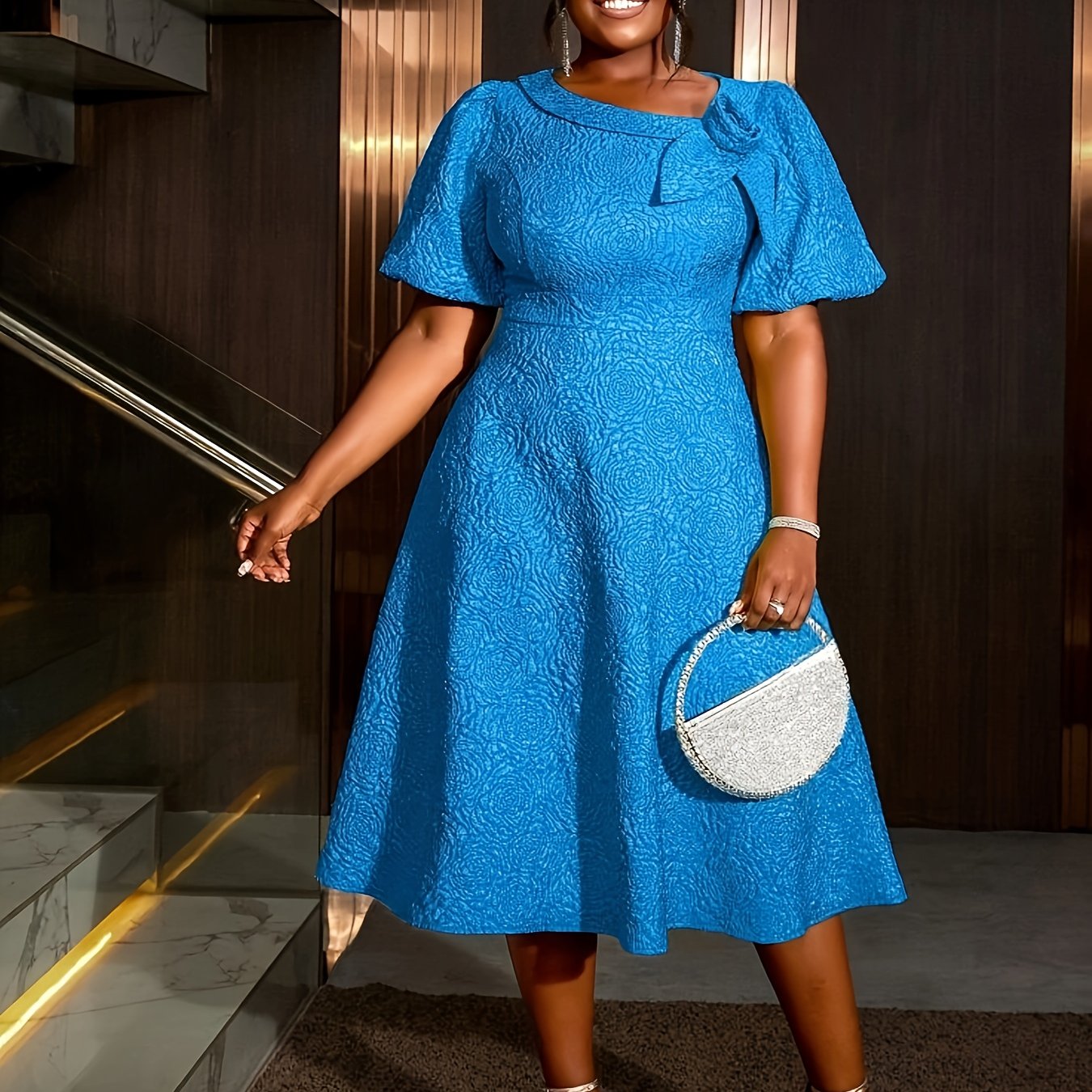 Plus Size Women's Rose Jacquard Flared Sleeve A-Line Skirt Dress for Parties