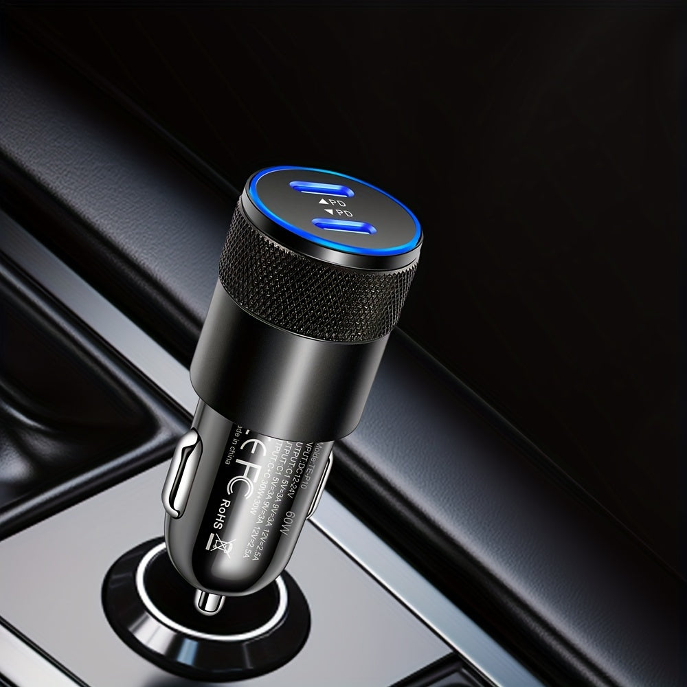 Dual USB-C Car Charger 60W Fast Charging Adapter with Quick Charge 3.0