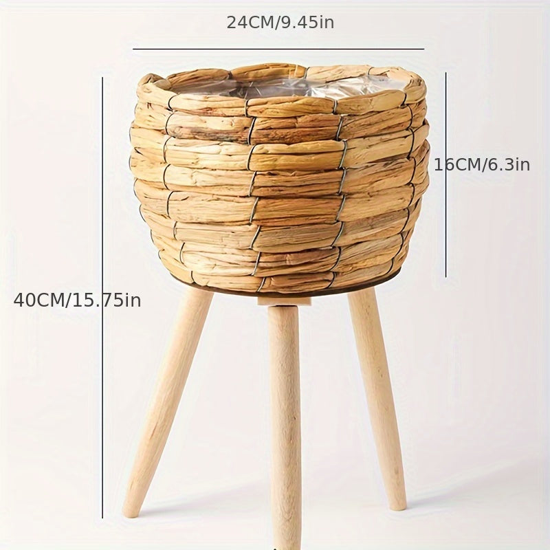 Nordic Style Plant Basket Decor Woven Rattan Flower Pot with Wooden Legs Indoor Balcony Stand 18cm 29cm 50cm
