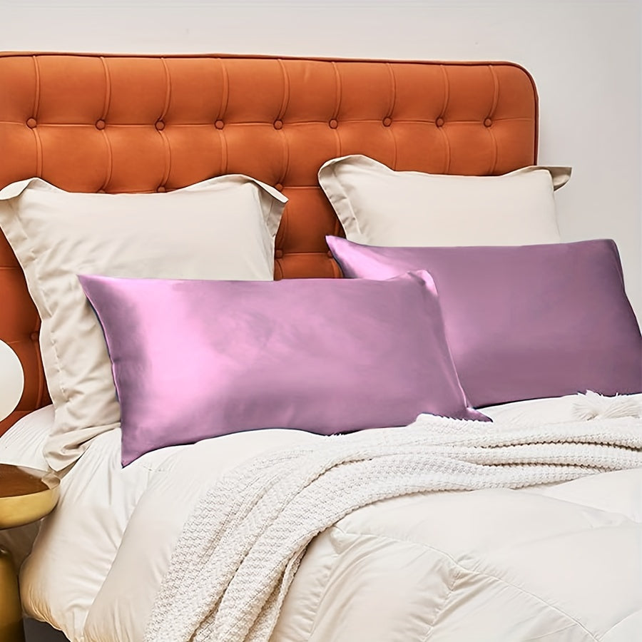 Set of 2 Satin Pillowcases Envelope Closure Skin-Friendly Solid Color Bedroom Decor