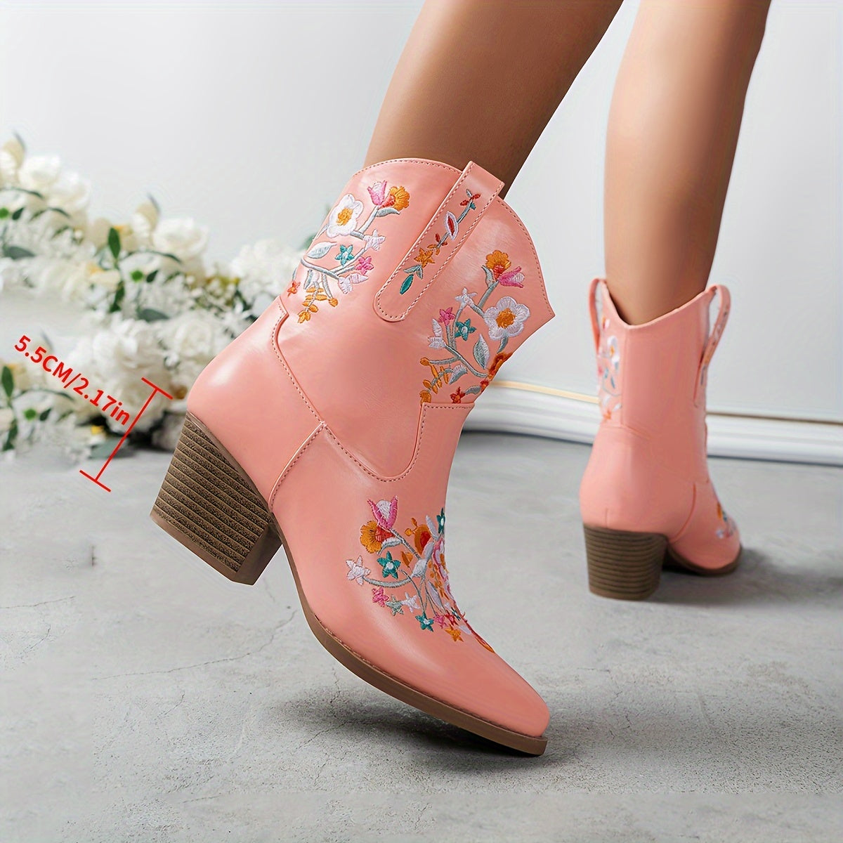 Women's Floral Embroidered Faux Over-the-Knee Boots Purple Chunky Heel