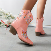 Женские цветочные вышитые искусственные сапоги до бедра с фиолетовым массивным каблуком