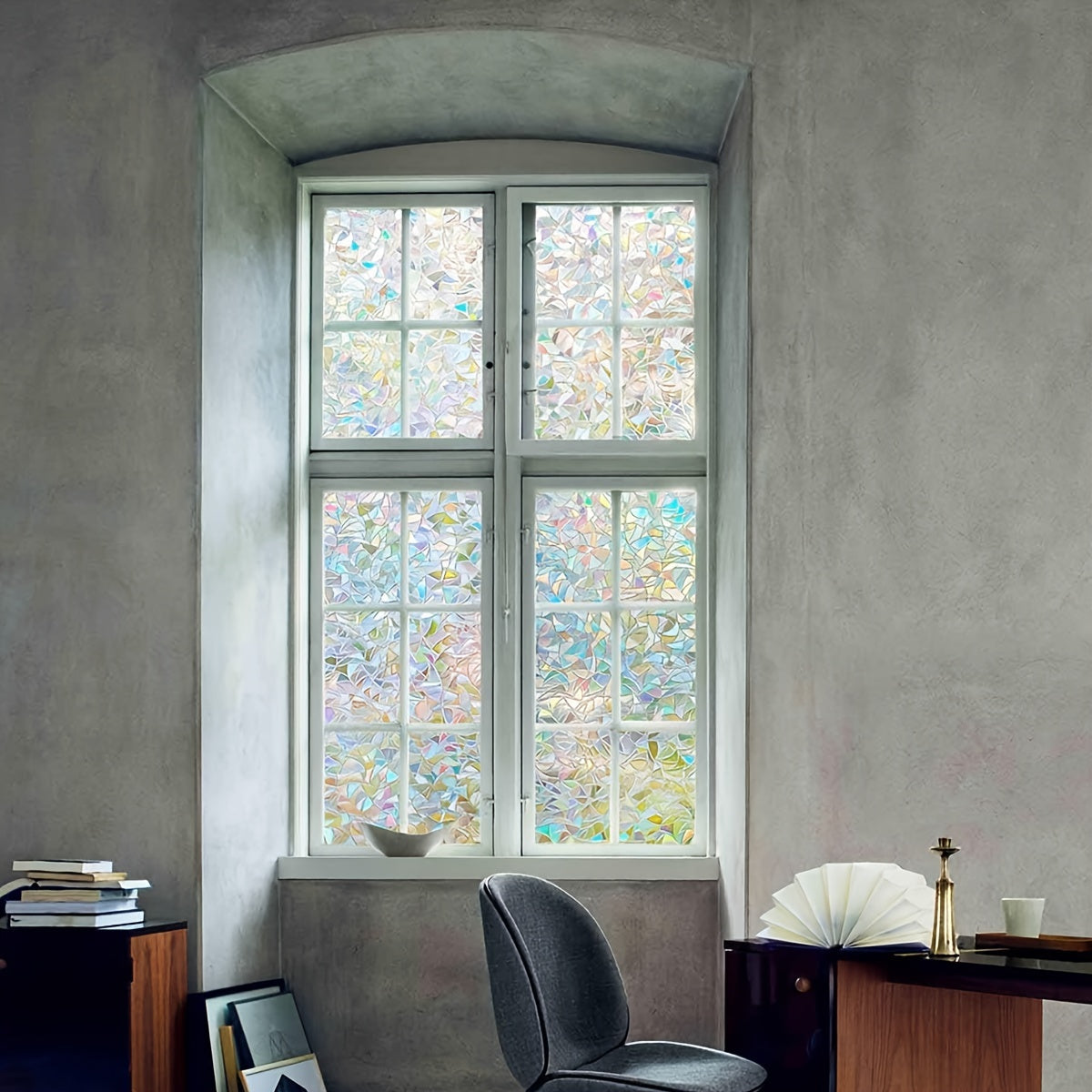 Retro Frosted Crescent Rainbow Pattern PVC Window Film 7mil Static Cling Privacy Decor