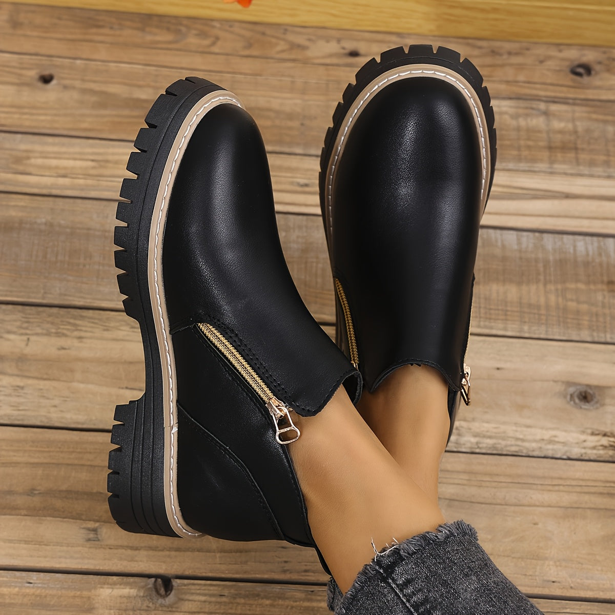 Women Black PU Ankle Boots with Dual Zippers Comfortable Breathable