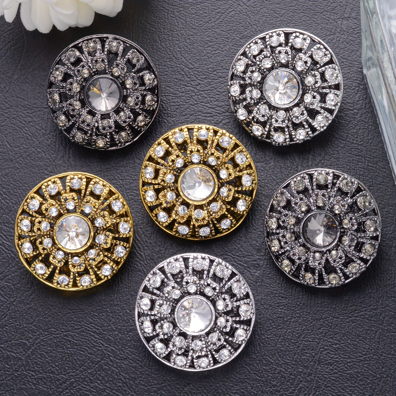 Set of 5 Vintage Round Rhinestone Buttons for Sweaters, Blazers, Coats
