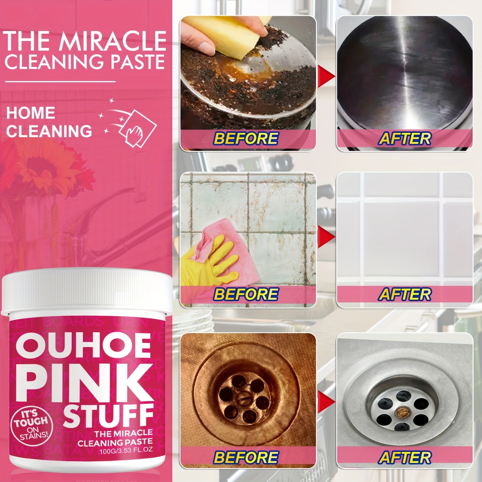 Pink Cleaning Paste for Stains and Surfaces, Gentle, Tough on Dirt