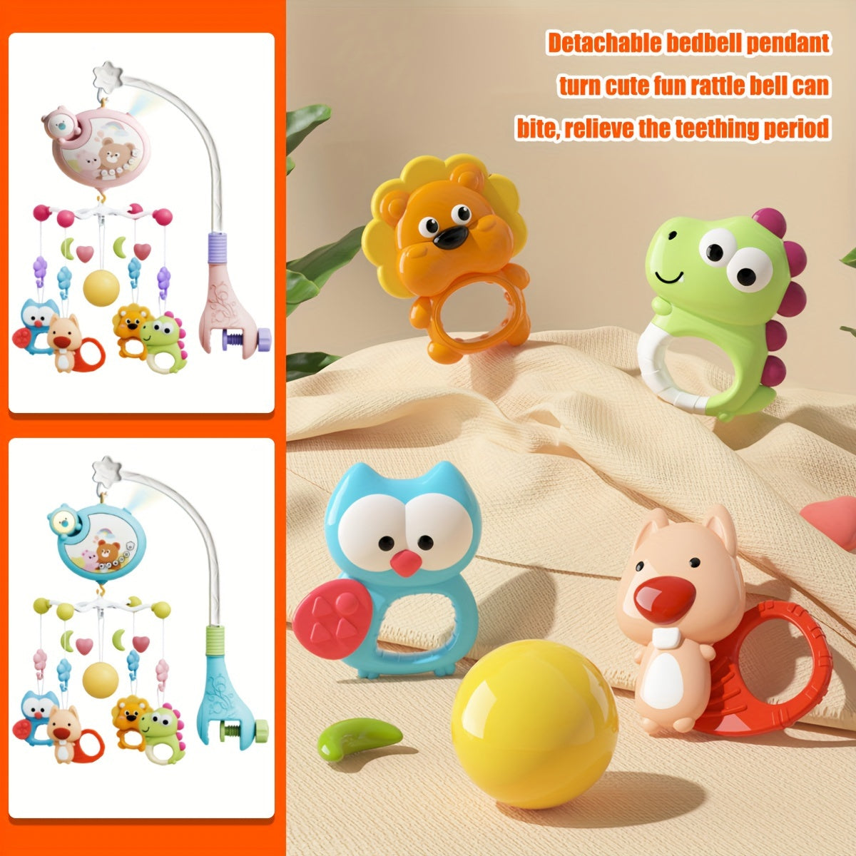 Bolalar uchun yoritgichli mobil, musiqa va aylanuvchi o'yinchoqlar bilan, BPAsiz plastmassa, aralash ranglar