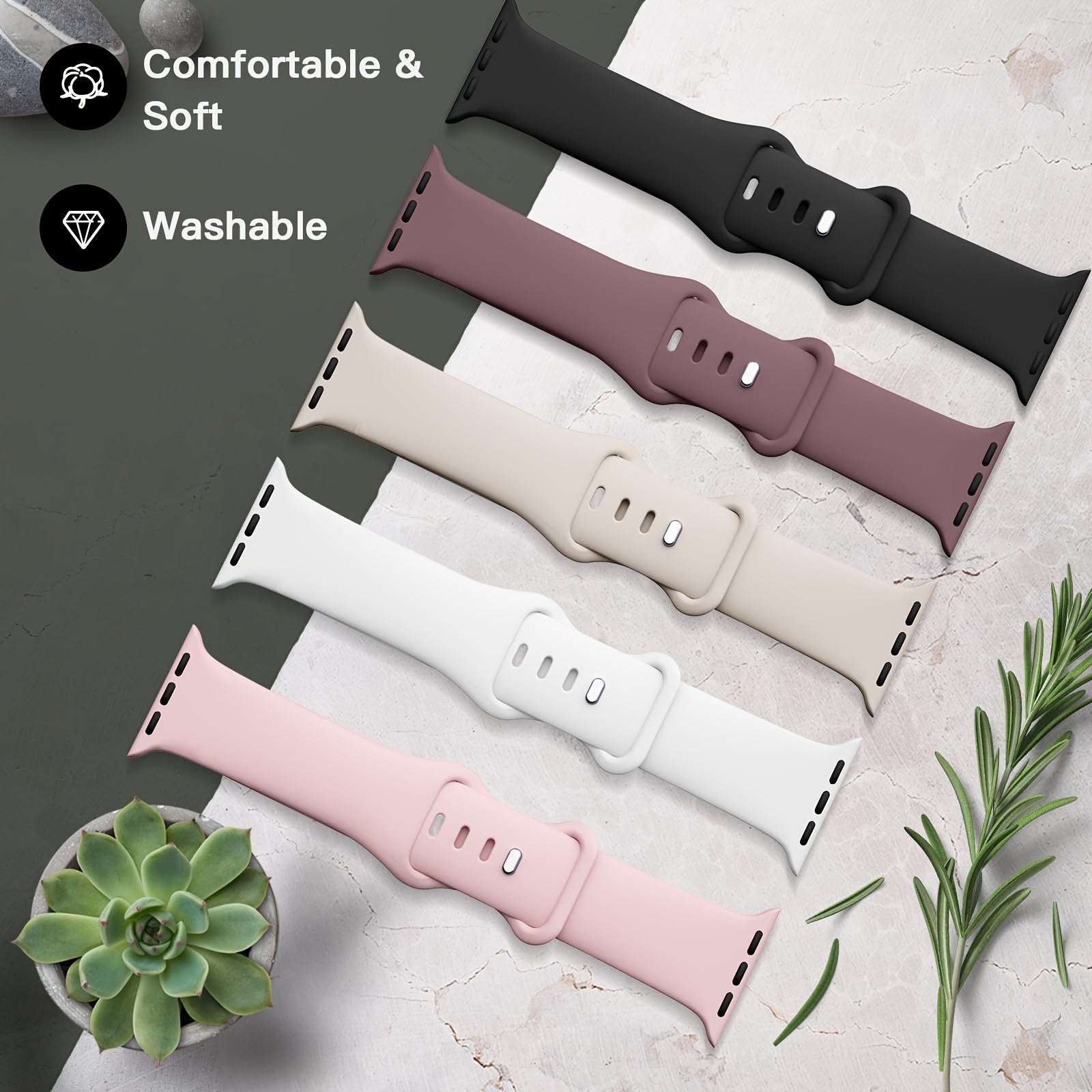 Set of 5 Waterproof Silicone Sport Bands for Apple Watch, Adjustable, Compatible with 38mm to 49mm