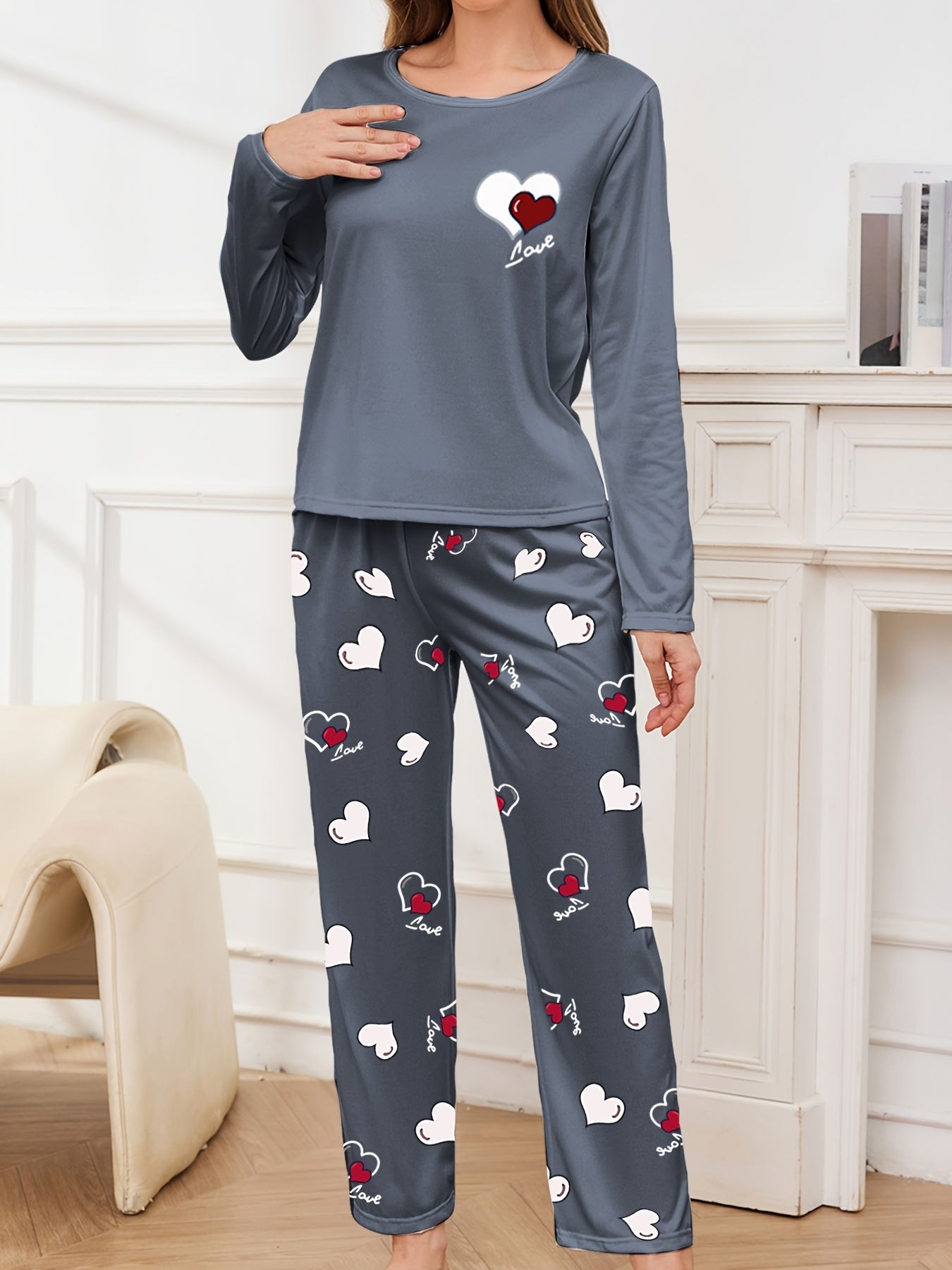 Women's Pajama Set Long Sleeve Heart Print Fall Winter Polyester Lounge Sleepwear