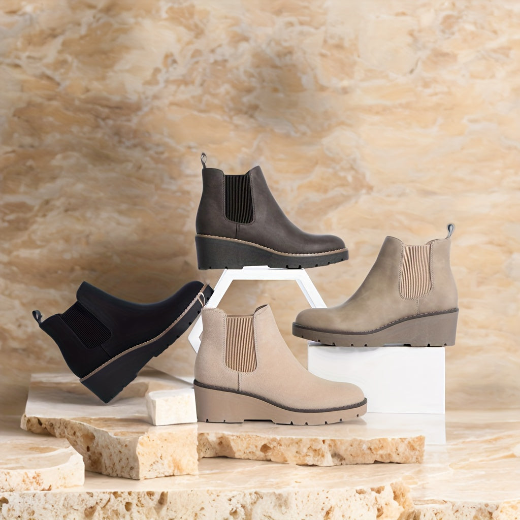 Women's Wedge Chelsea Boots Slip-On Platform Lug Sole Ankle Casual Leather