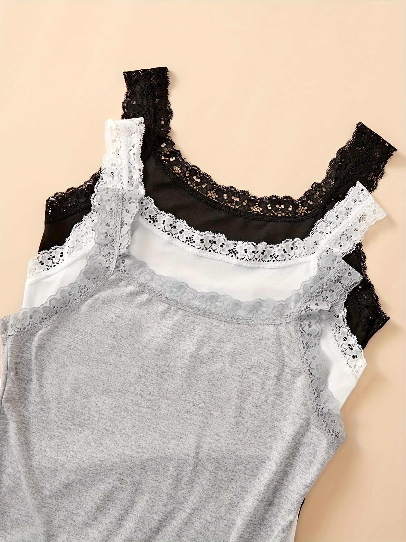 Pack de 3 camisetas sin mangas con encaje para mujer, casuales para todas las estaciones, negro, gris, blanco