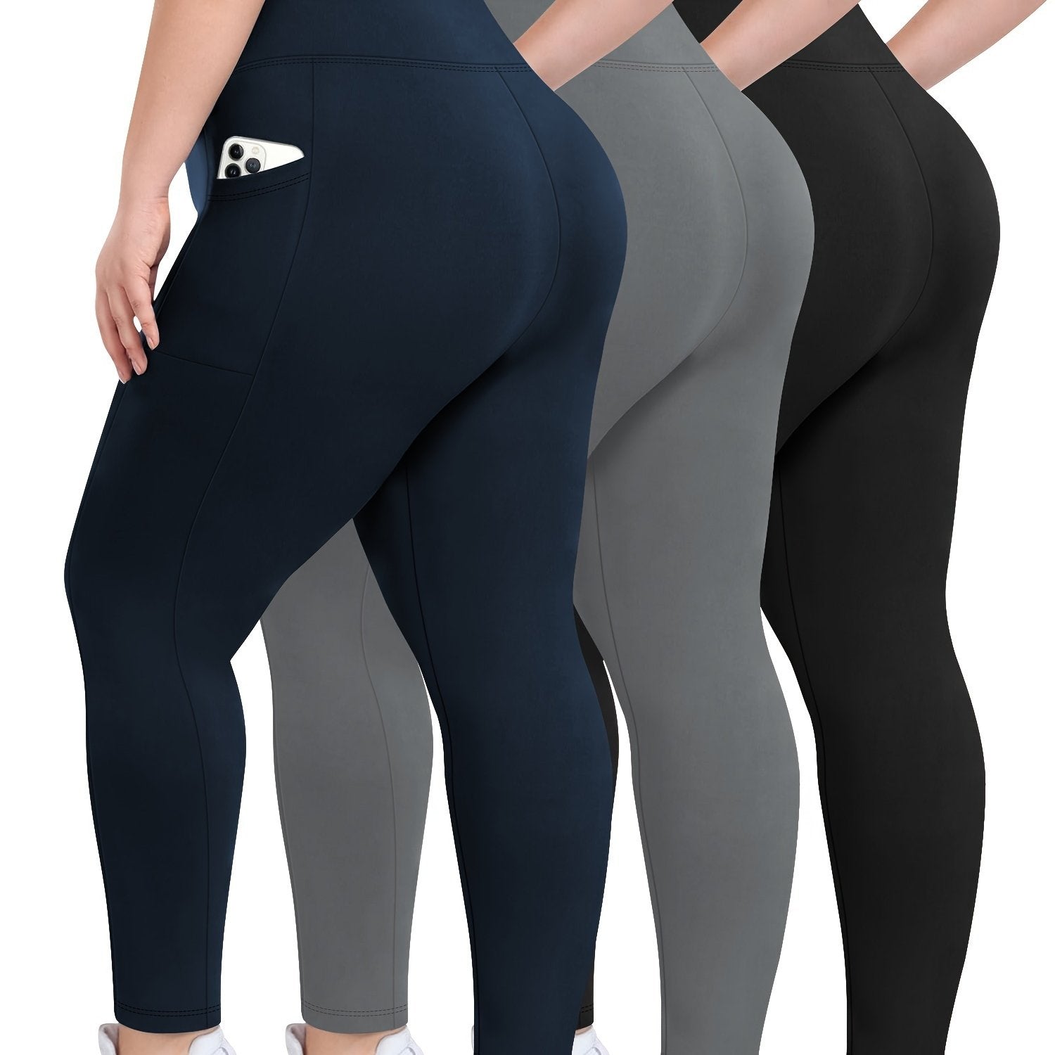 Women's Black High-Waisted Plus Size Yoga Leggings 3 Pack with Pockets