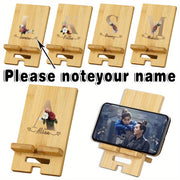 Customized Wooden Phone Stand with Detachable Desk Holder and Engraved Name in Light Brown Cork