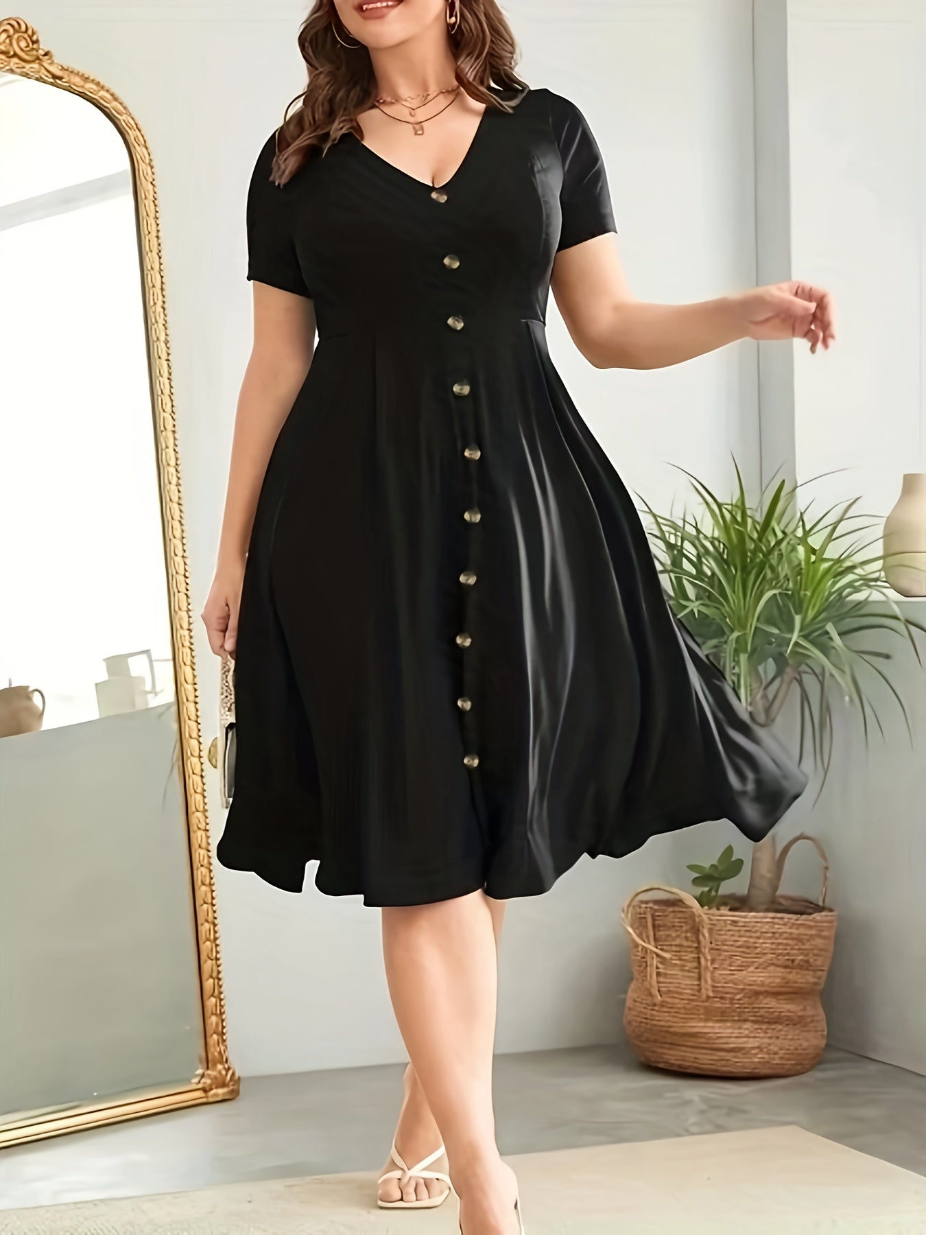 Women's Polyester V-Neck Raglan Sleeve Dress with Fake Buttons and Flared Hem for Spring Summer Casual