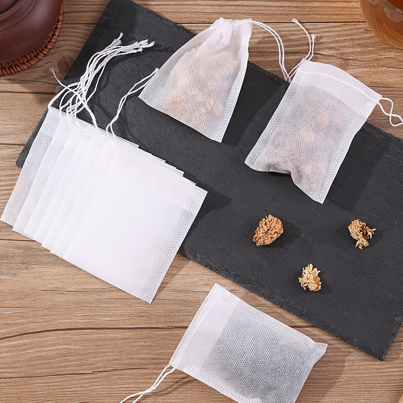 100 Disposable Non-Woven Drawstring Tea Bags for Brewing and Straining