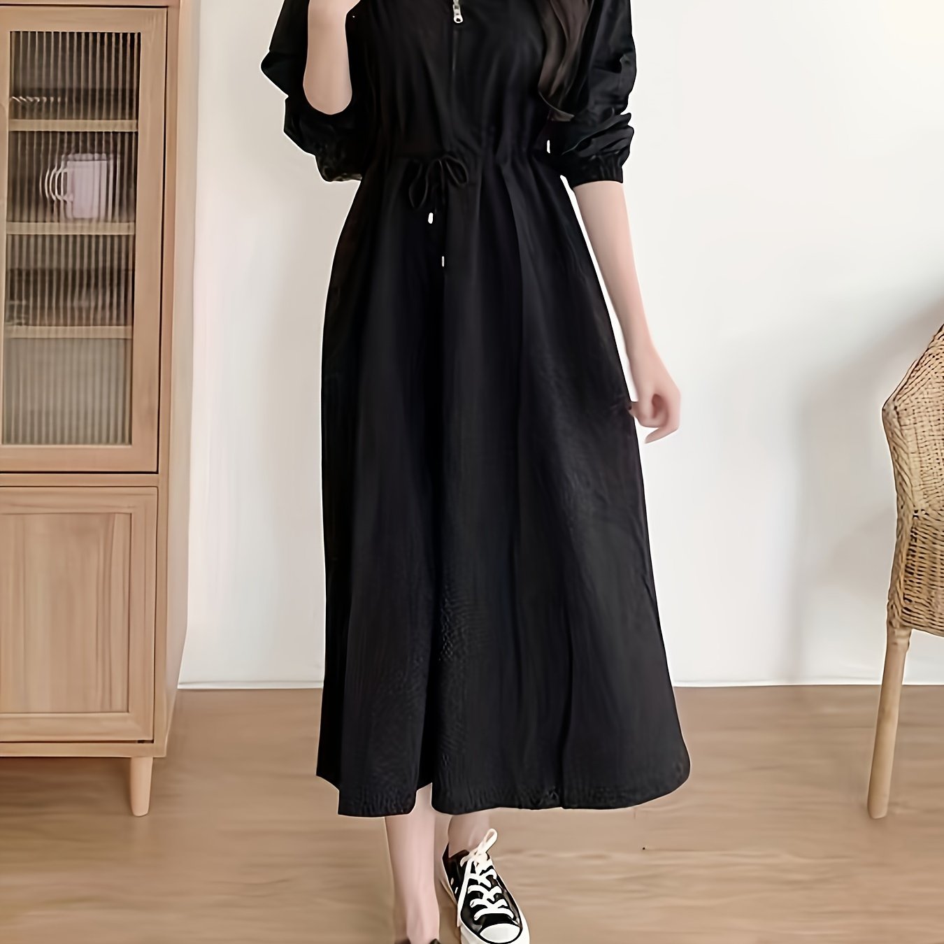 Women's Solid Color Midi Dress with Lapel Collar Zipper Pockets Long Sleeve Polyester