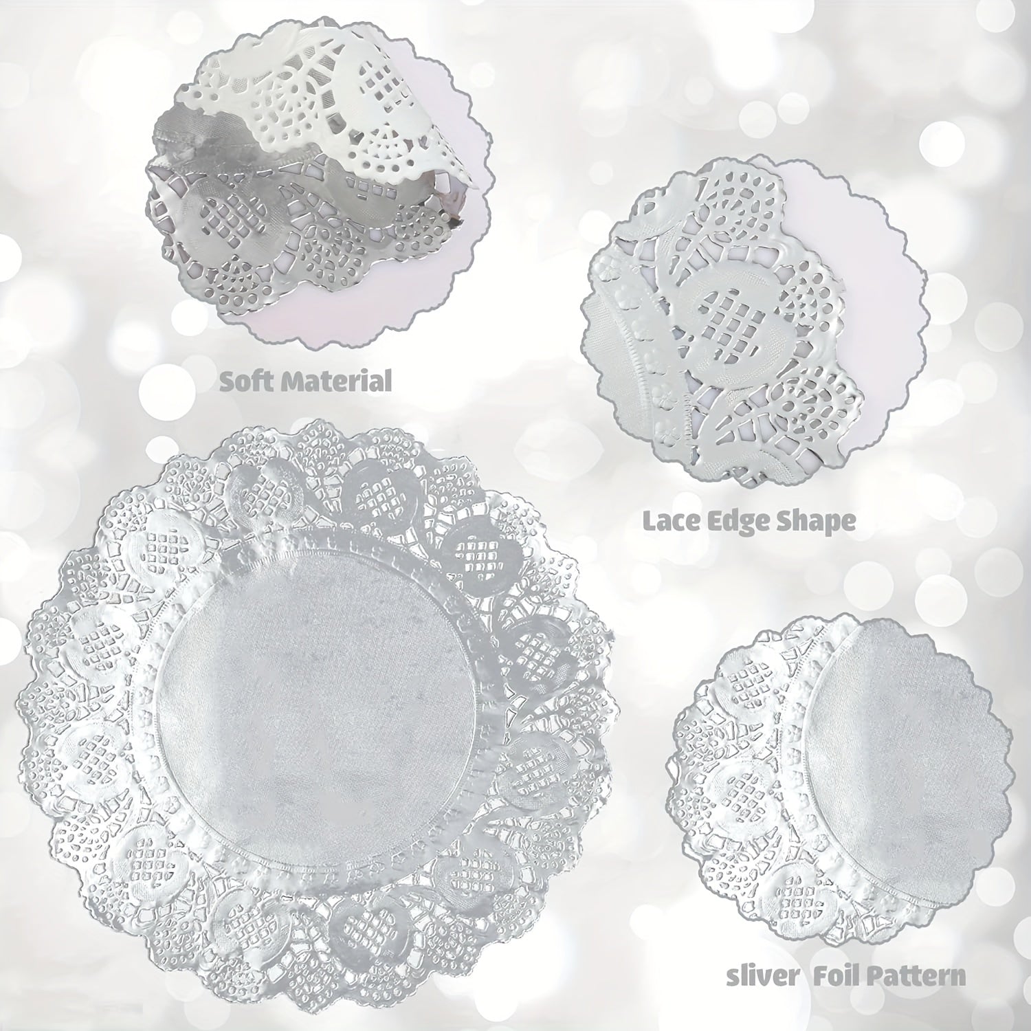 Pack of 100 Silver Lace Round Paper Doilies for Desserts and Events