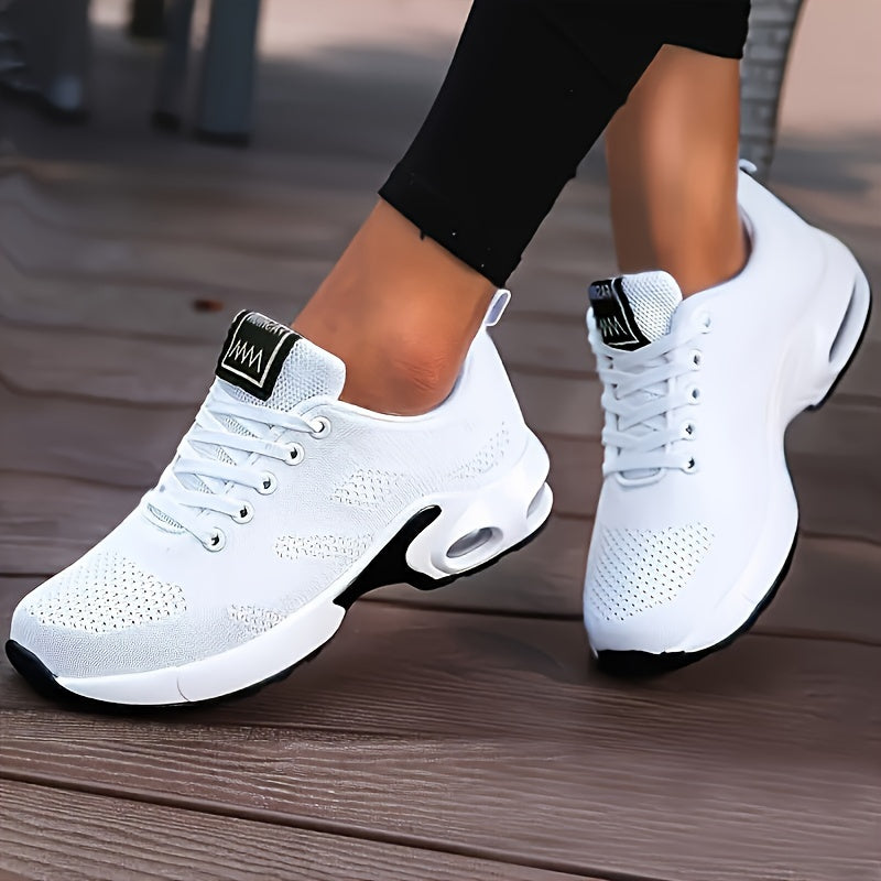 Women's White Breathable Knit Running Shoes with Air Cushion and Shock Absorbing Platform