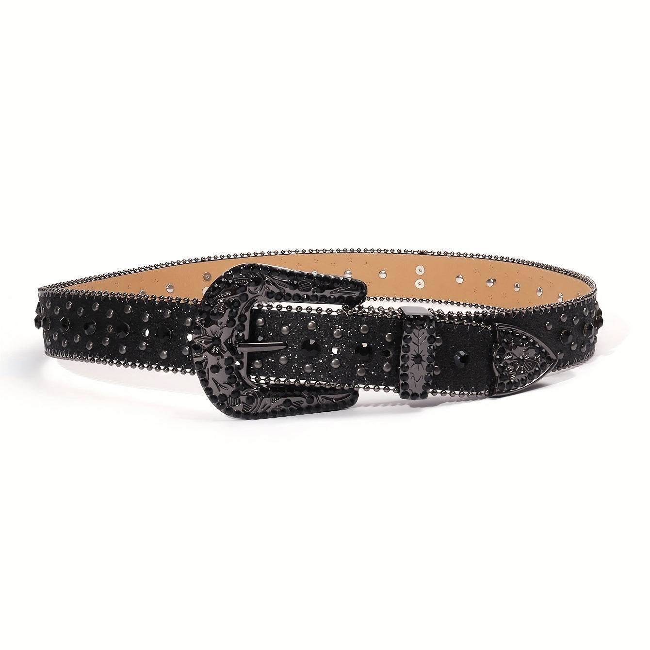 Women’s Boho Leather Belt with Rhinestones and Carved Buckle for Festival and Western Jeans