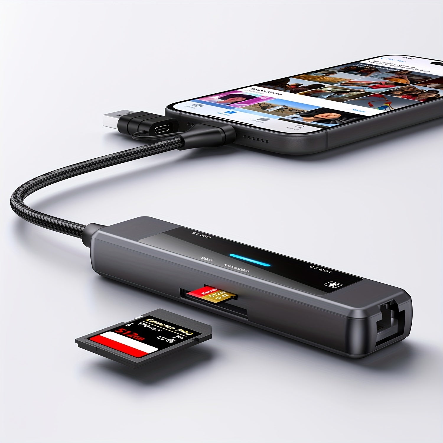 USB 3.0 adapter hub, Ethernet, Type-C quvvat porti va ikki USB porti bilan - turli qurilmalar bilan mos keladi.