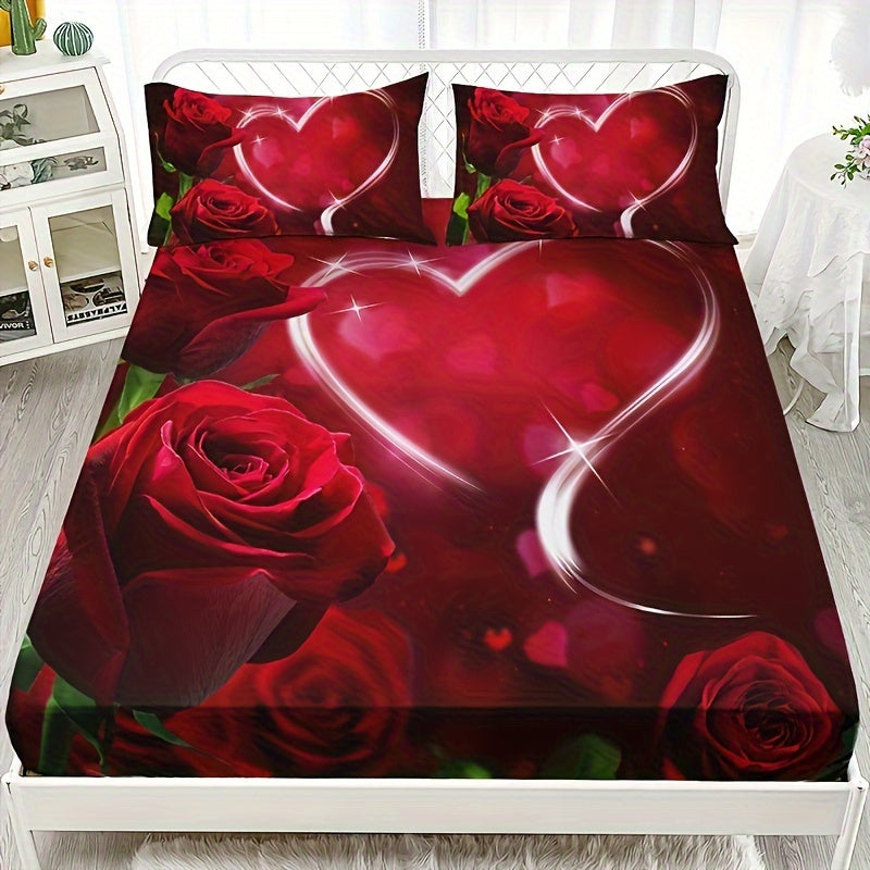 Romantic Rose Love Print Fitted Sheet Set 3 Piece Bedding Soft Breathable