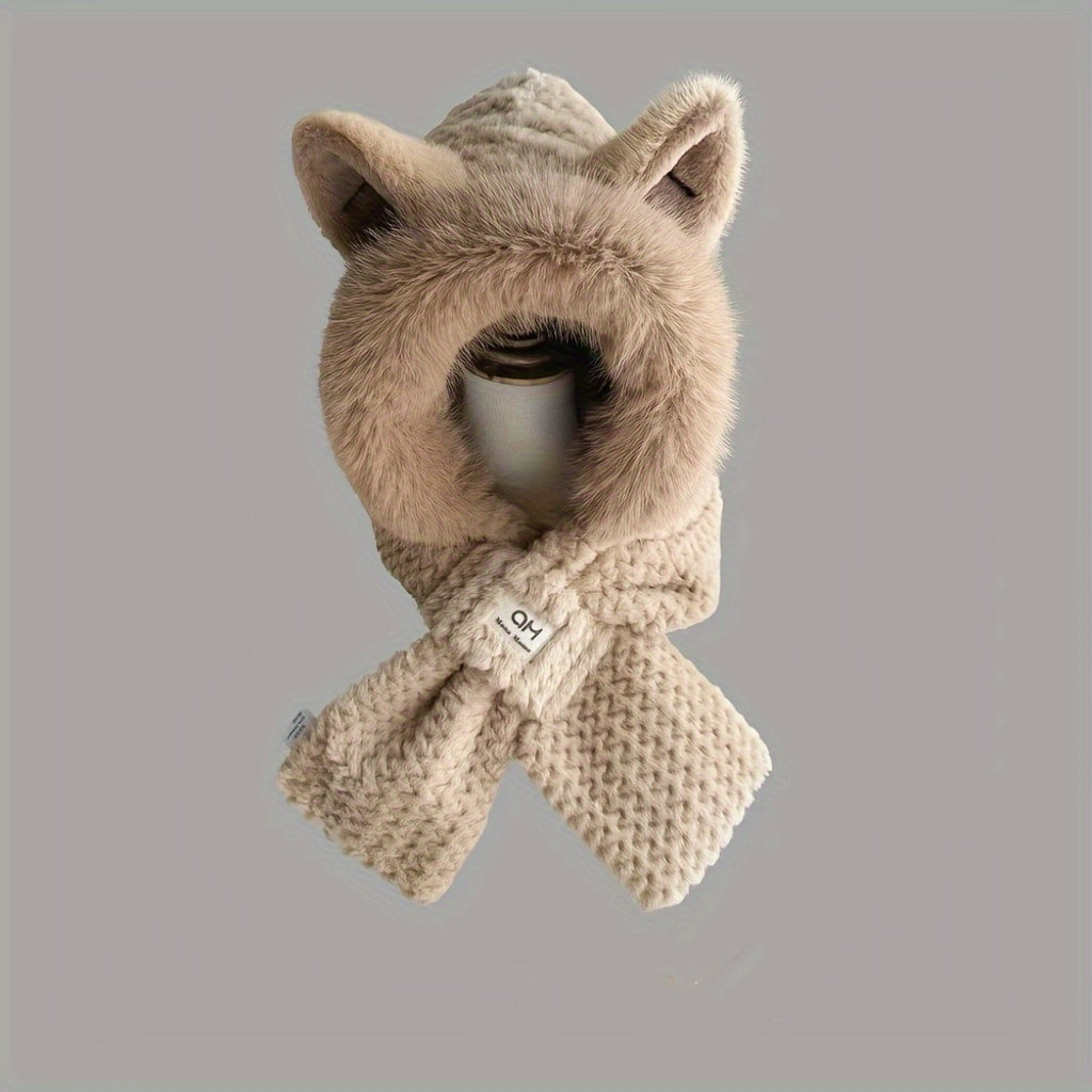 Plush Fox Ear Hat Scarf with Thick Neck Gaiter Winter Warmth Ear Protection