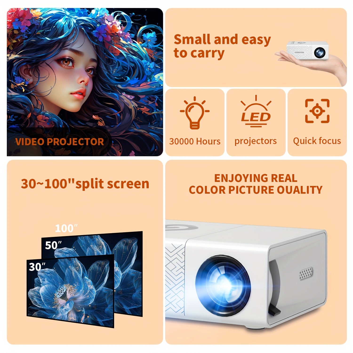 Портативный мини LED-проектор с фокусным пультом, совместим с смартфонами