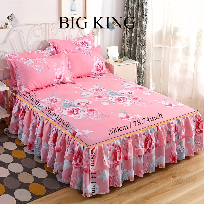 Set of 3 Tropical Floral Bedding Set with Lace Bed Skirt and Pillowcases Ruffled Edges Purple