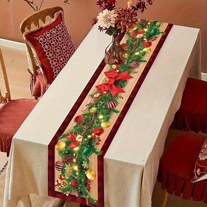 Linen Christmas Table Runner with Buffalo Plaid Merry Christmas Ball Pattern