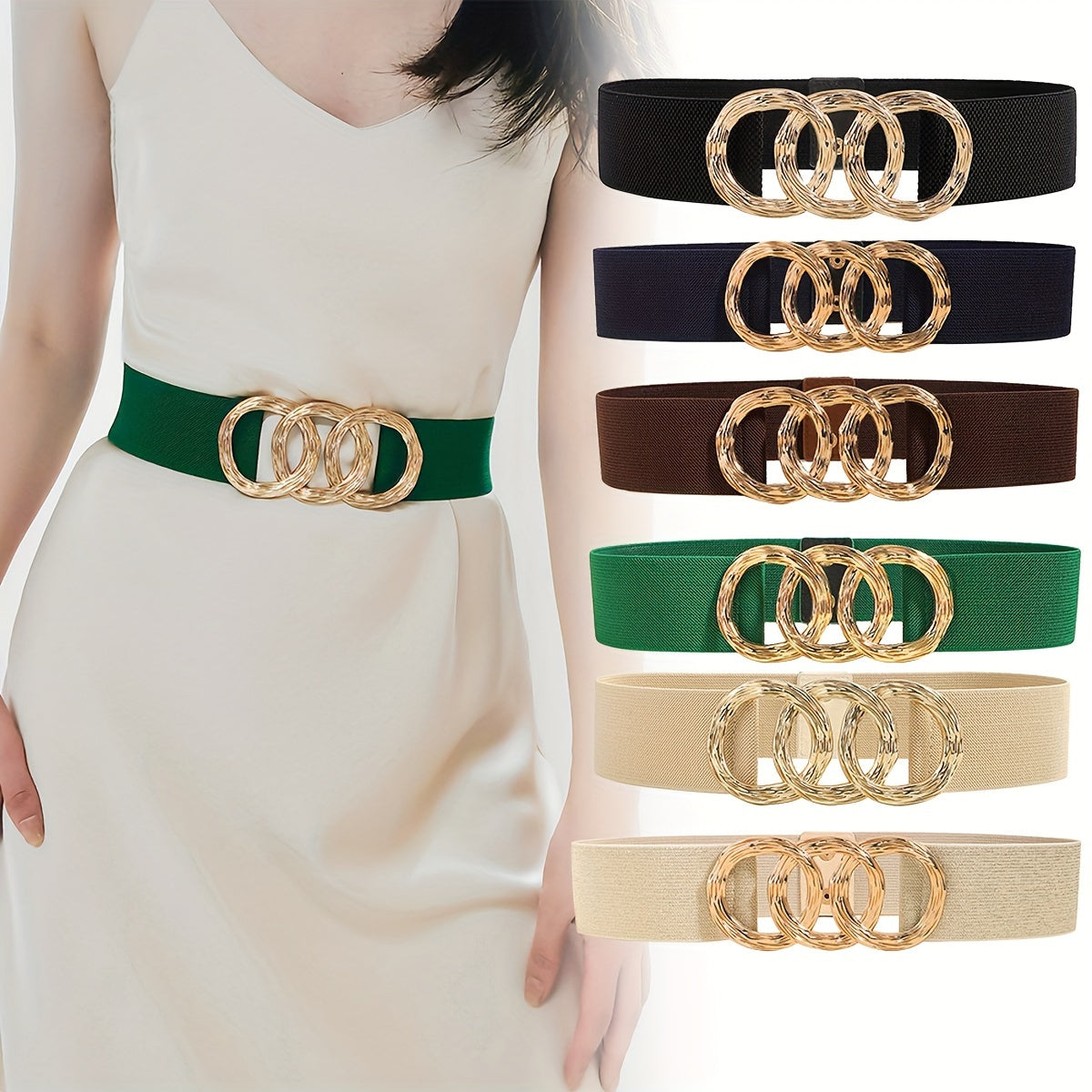 Женский широкий ремень с эластичным поясом и тройной пряжкой, однотонный