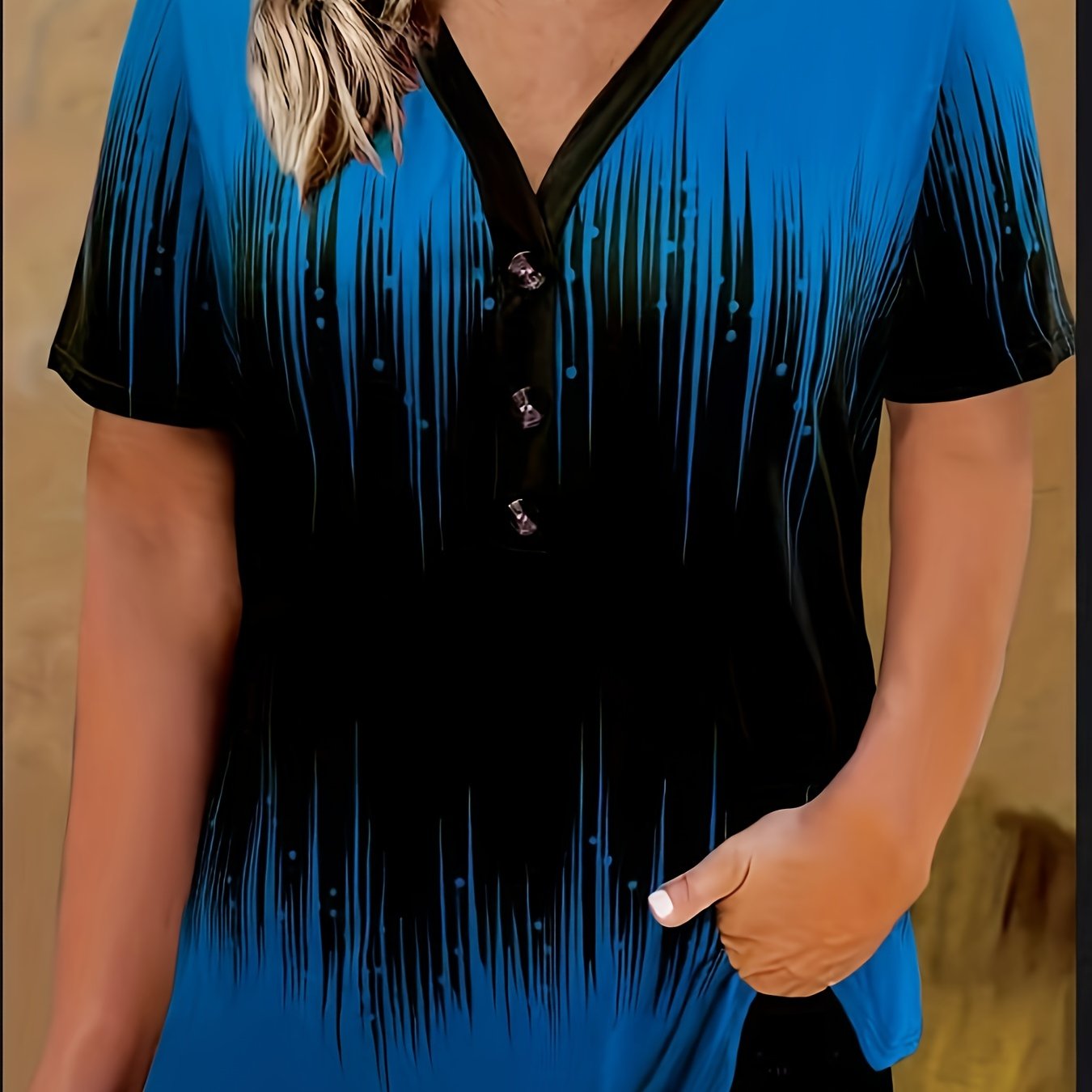 Camiseta de mujer de talla grande con estampado ombré, con botones, casual, de manga corta y cuello en V