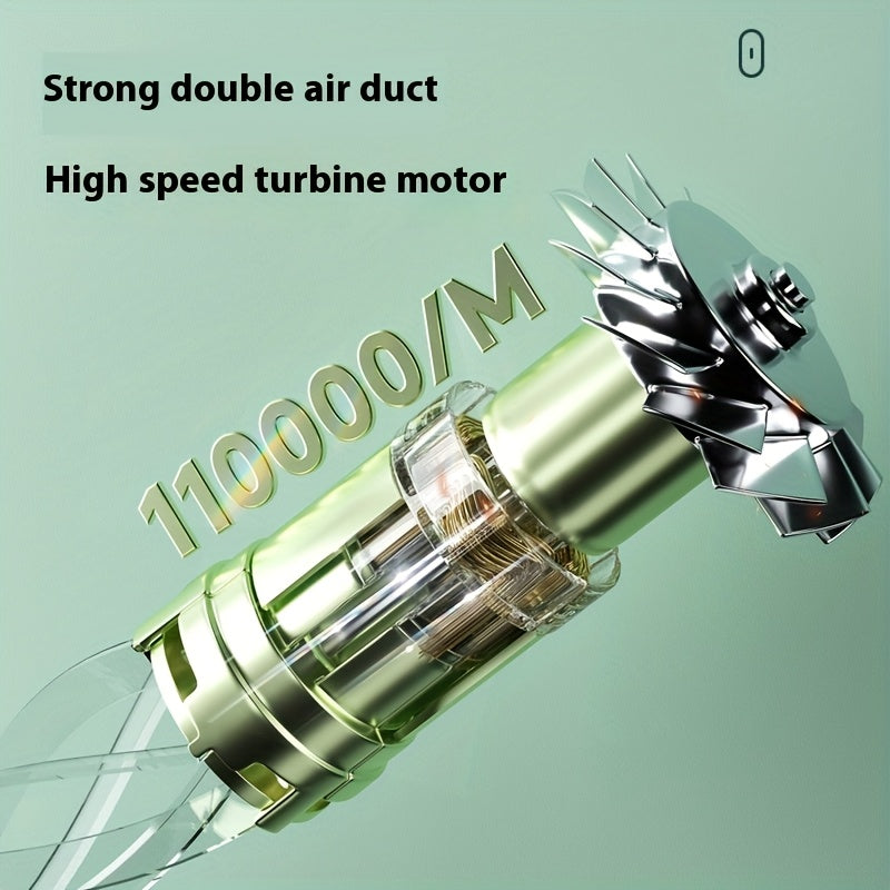 Многофункциональный беспроводной пылесос для дома и автомобиля с функциями всасывания, продувки, вытягивания и зарядки. В комплект входит долговечная литиевая батарея, уровень шума 75 дБ и мощность всасывания 4 кПа.