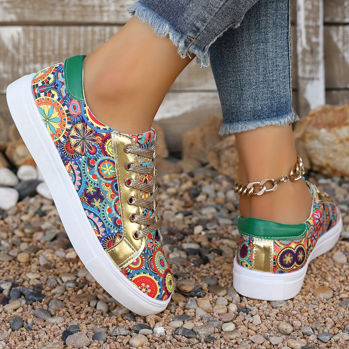 Plus Size Women's Fashion Sneakers Breathable Floral Print Low Tops