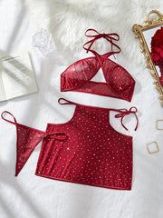 Red Lace Lingerie Set with Sparkling Details for Women