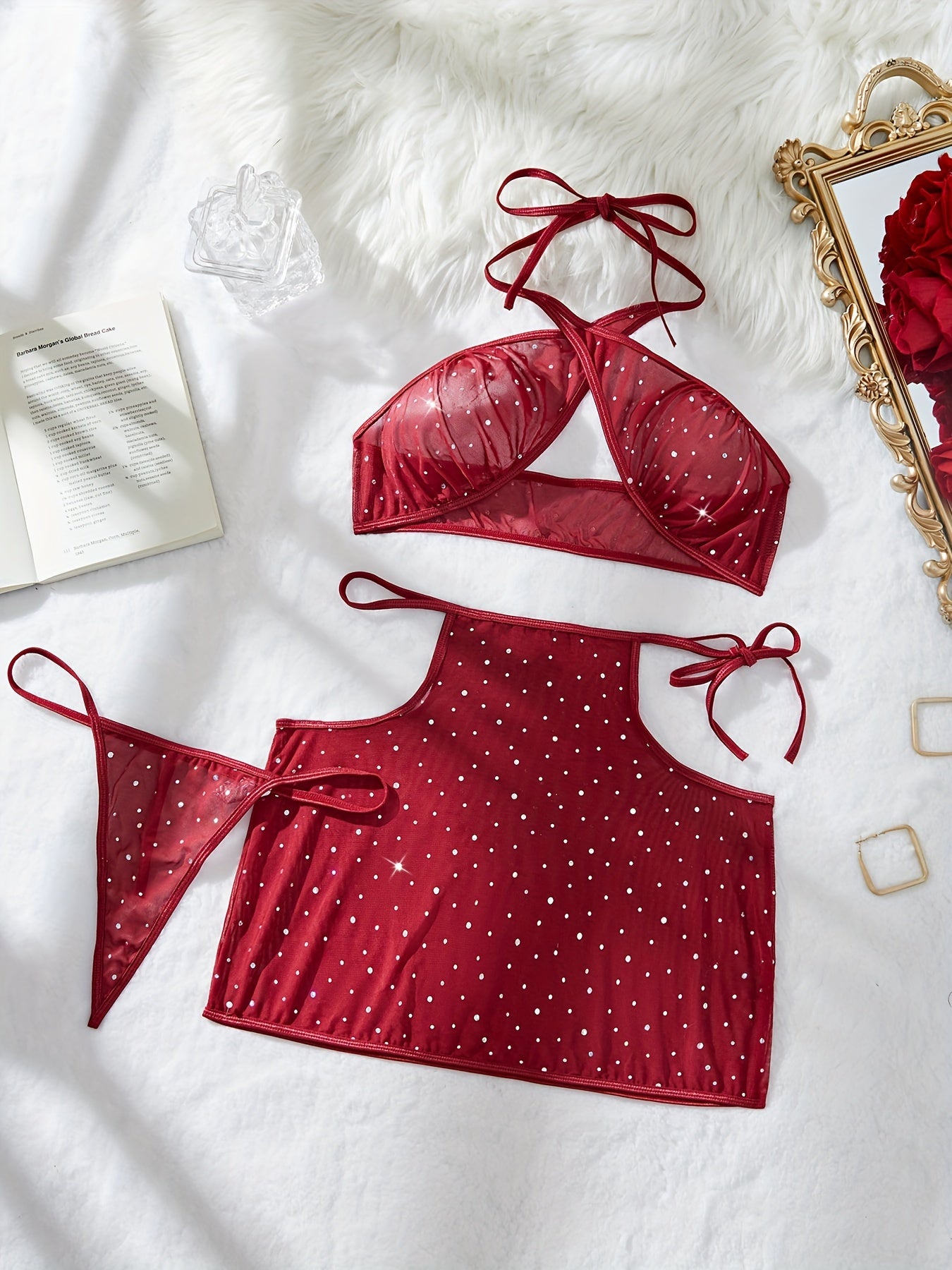 Red Lace Lingerie Set with Sparkling Details for Women