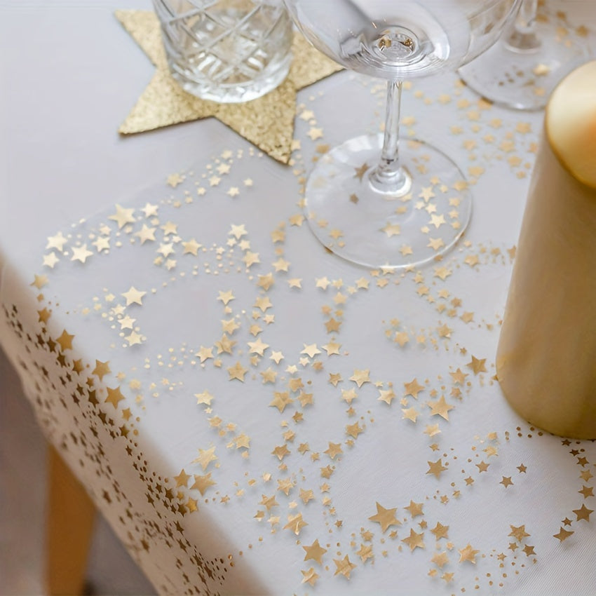 Linen Table Runner with Gold Metal Organza Stars for Christmas and Weddings