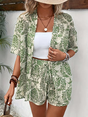 Women's Damask Print Shorts Set with Open Front Blouse and Tied Waist Shorts