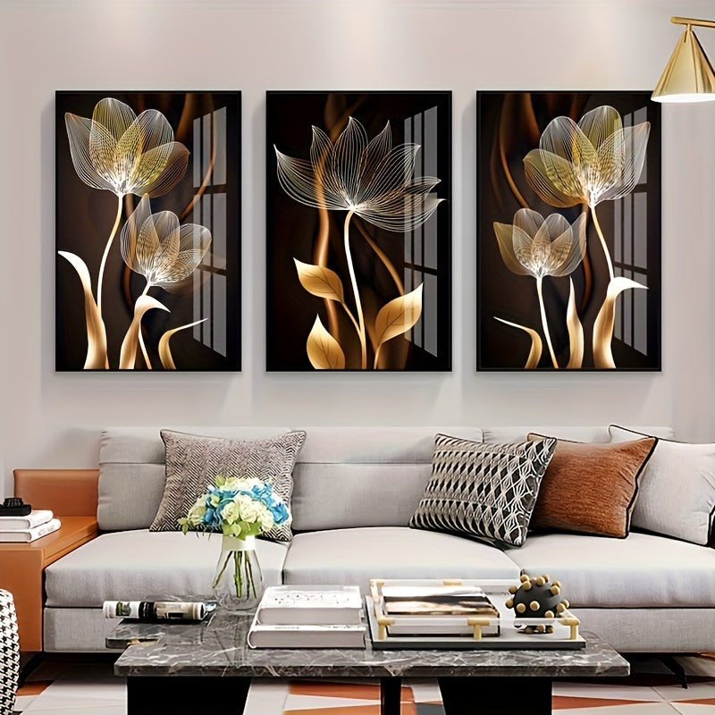 Conjunto de arte de pared abstracto moderno en lienzo con flores en negro, marrón y dorado para decoración de sala de estar, sin marco