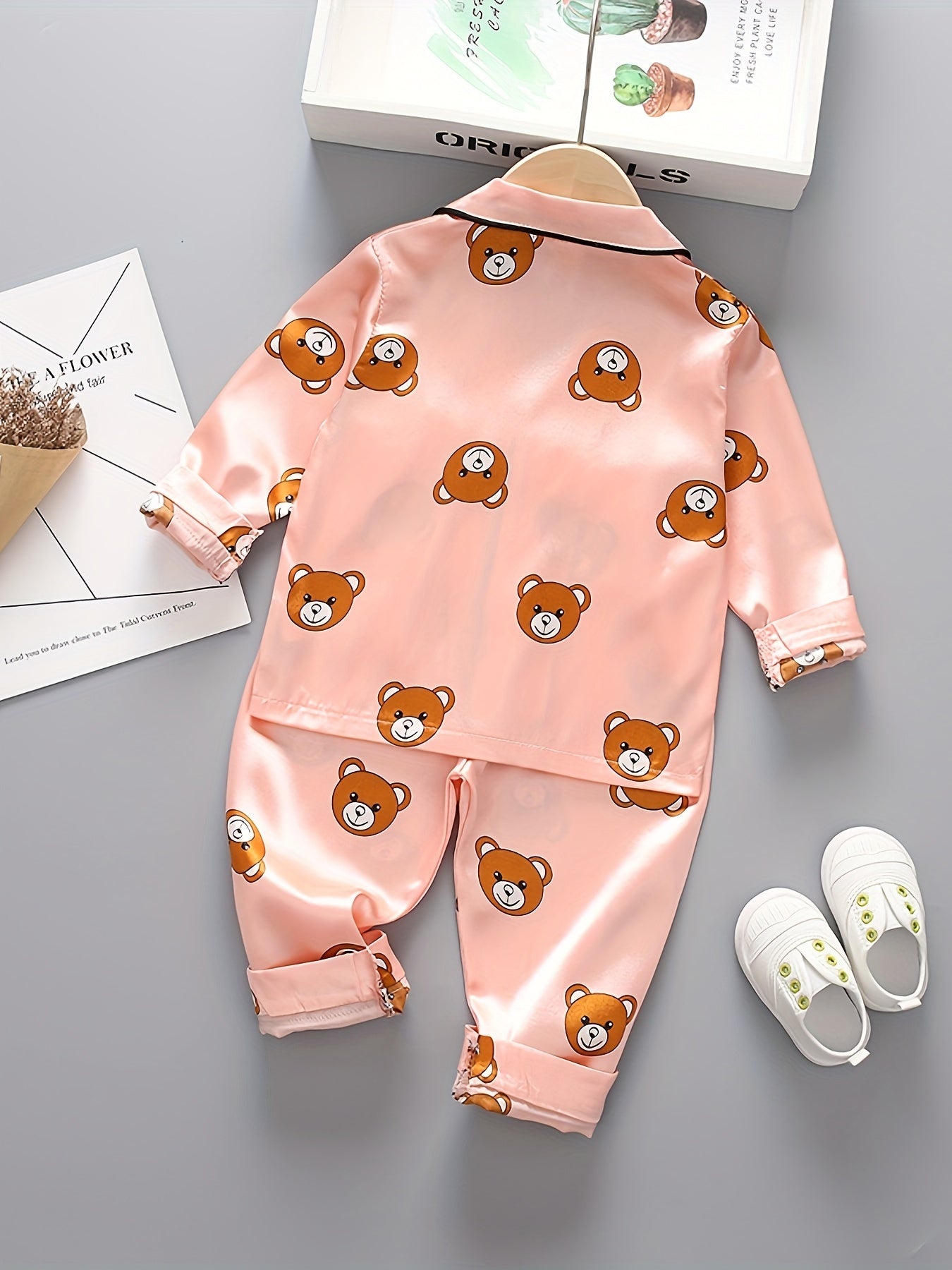 Kids Long Sleeve Cartoon Bear Pajamas Set Satin Casual Spring Fall