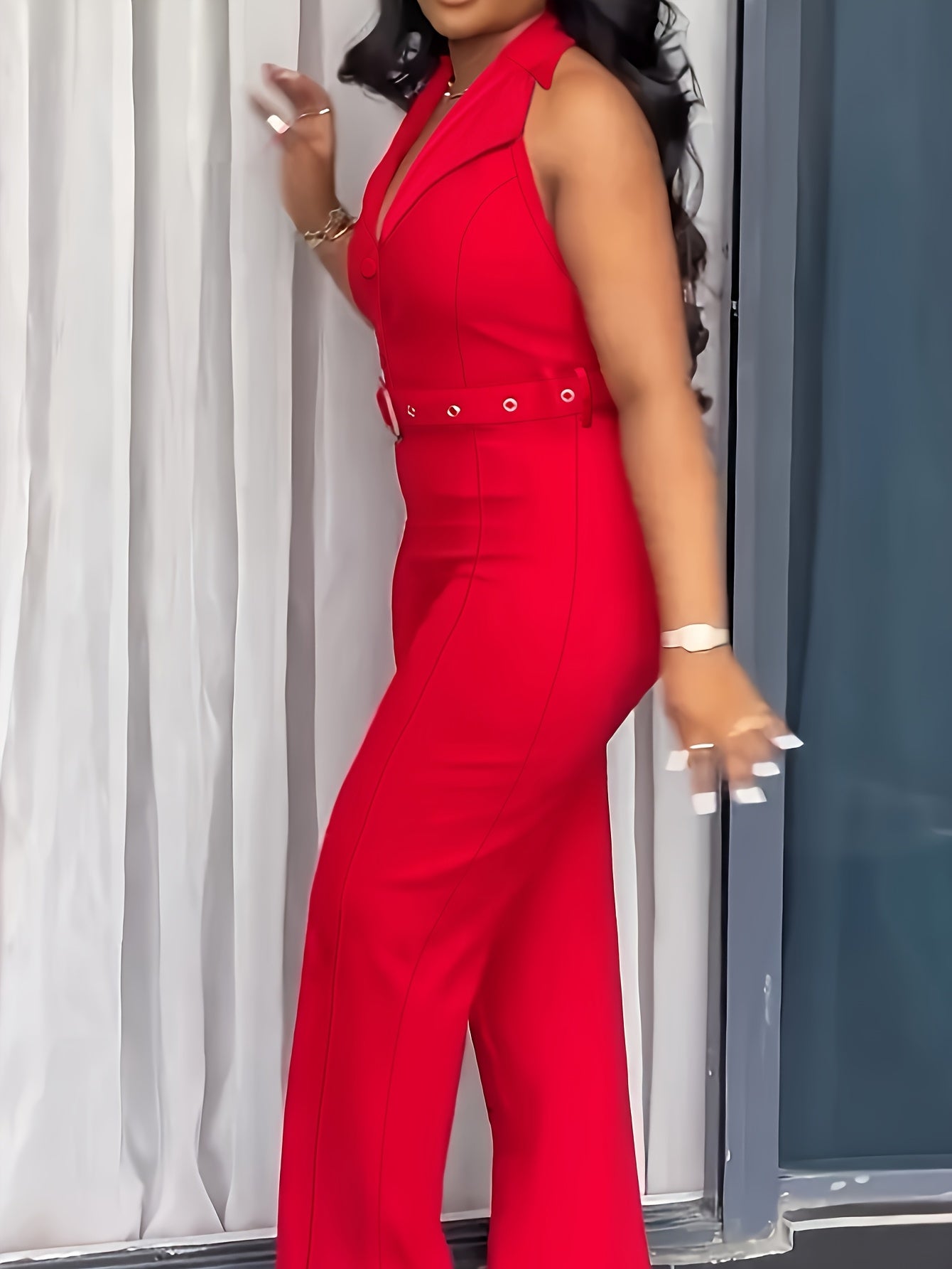 Women's Red Sleeveless Jumpsuit with Button Details High-Waisted Wide-Leg