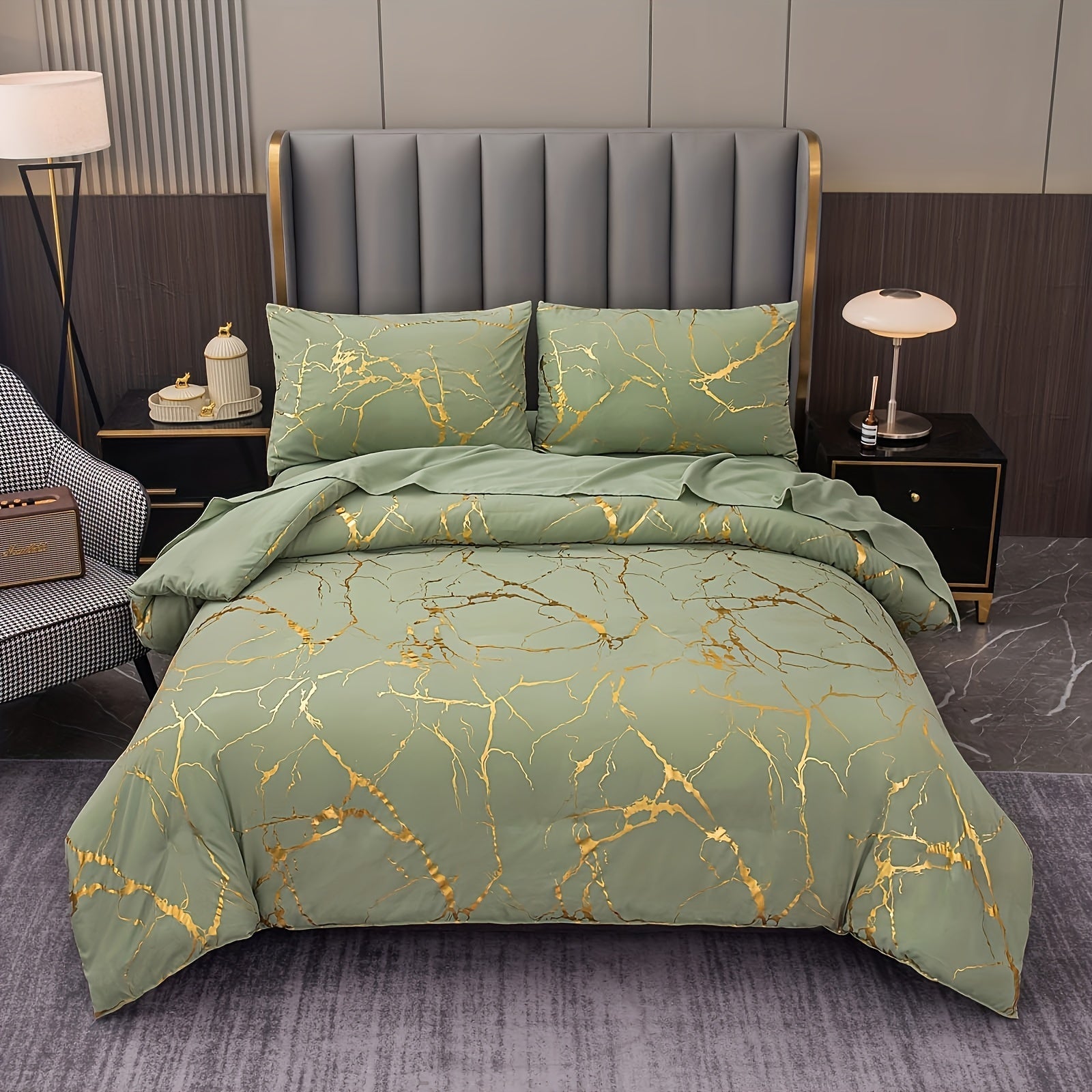 Elegant Marble Pattern Bedding Set in Pink Gray Green Blue Purple Washable Ultra-fine Fiber Duvet Cover 2-3 Piece