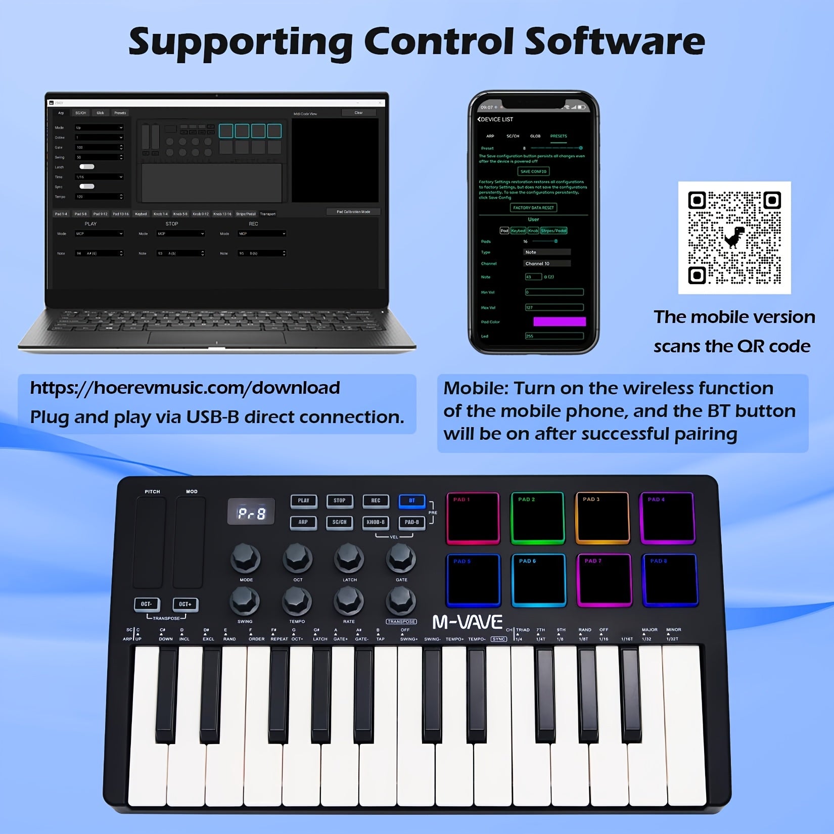 25 ta kalitli professional MIDI klaviatura, 8 ta yoritilgan baraban padlari va simsiz ulanish uchun o'rnatilgan batareya, musiqa ishlab chiqarish uchun ideal.