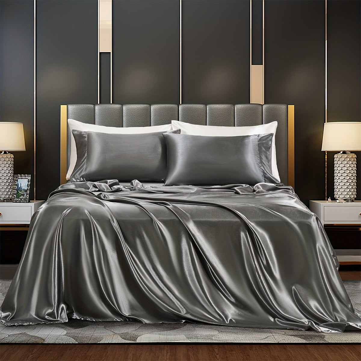 Satin Bed Sheets Set Fitted and Flat Sheets with Pillowcases for Bedroom