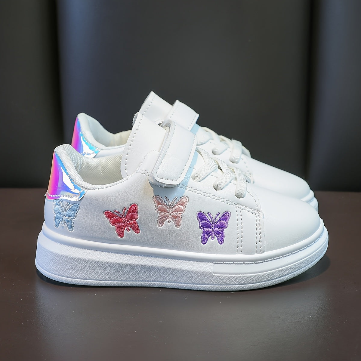 Girls White Sneakers with Strap Embroidered Butterfly Low Top Rubber Sole