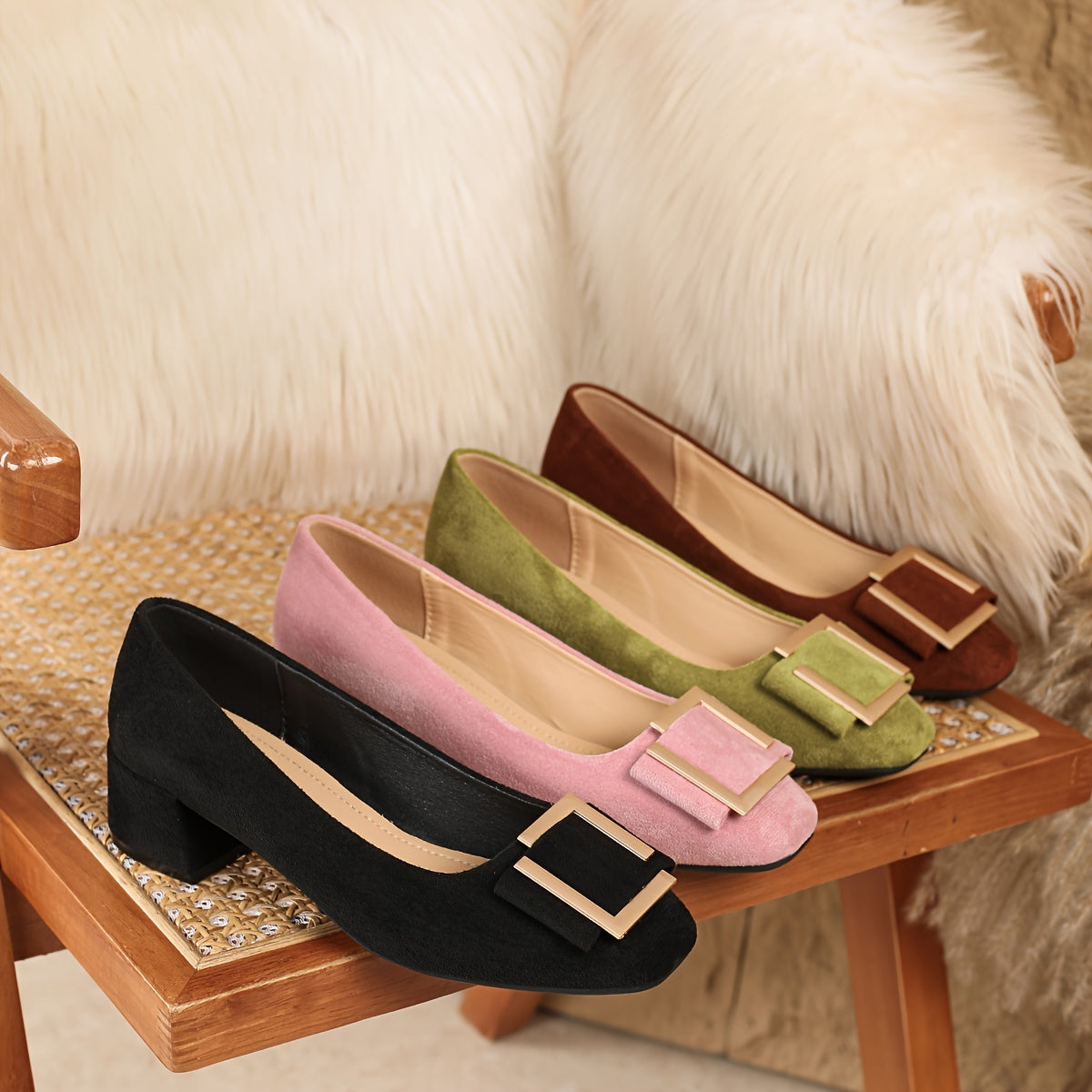 Women's Square Toe Shoes Casual Leather Shoes with Buckles