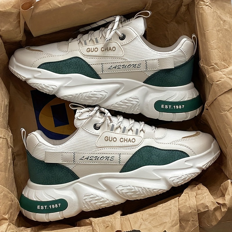 Men's Solid Color Chunky Sneakers Non-Slip Lace-Up Casual Running Shoes