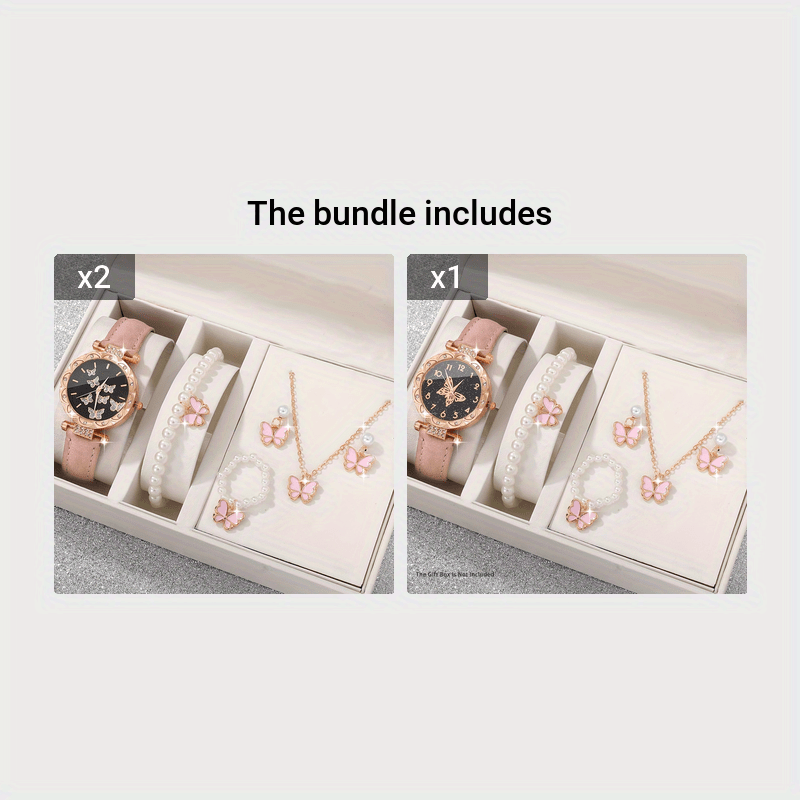 Set of 6 Women's Elegant Butterfly Rhinestone Quartz Watches with Leather Bands and Jewelry