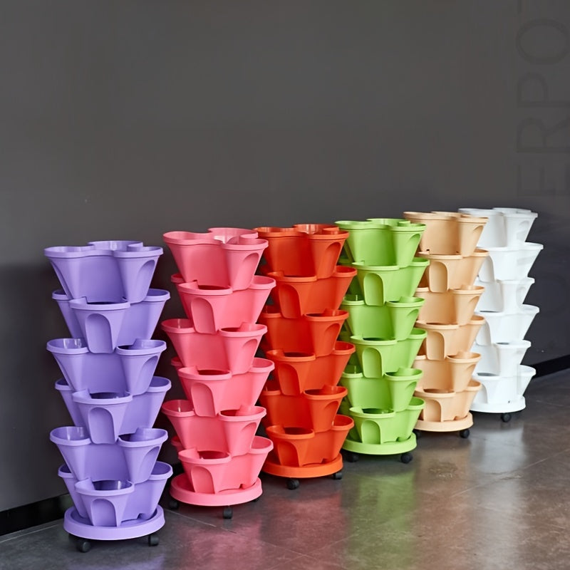 Stackable Plastic Flower Pot Set with Wheels for Indoor Outdoor Gardening for Herbs Vegetables and Flowers