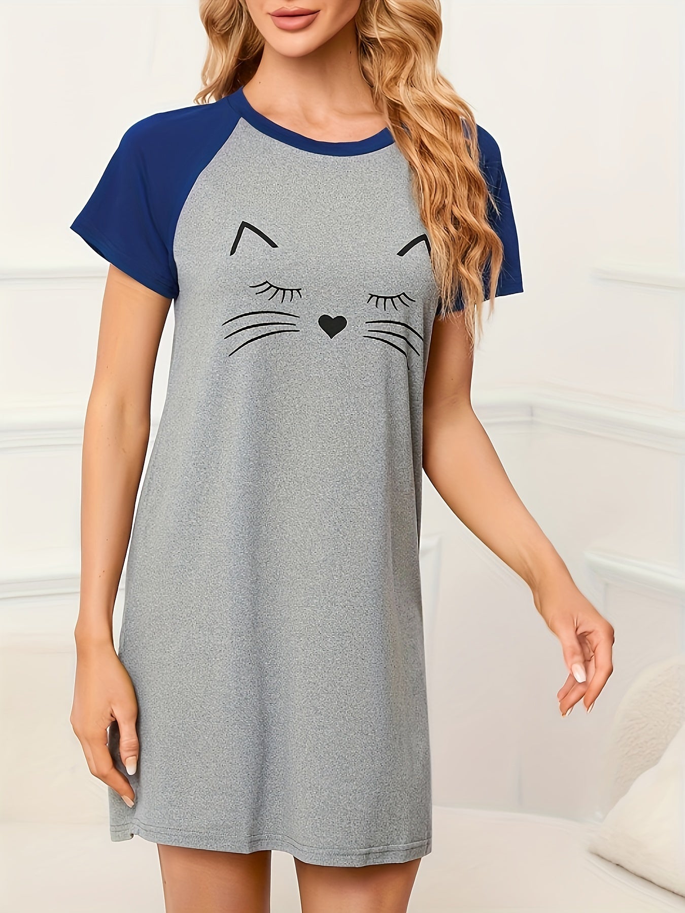 Women's Casual Dress with Playful Cat Print and Color Block Design Made of Soft Polyester Blend for All Seasons